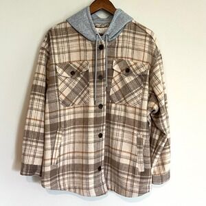 Ashley by 26 International Plaid Hooded Shacket Jacket Tan Brown Grey XL